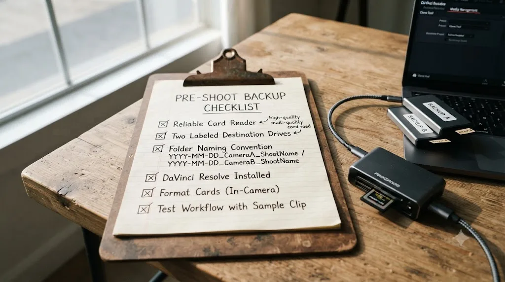 Illustration of a pre-shoot checklist showing a reliable card reader, two labeled destination drives, and a folder naming convention