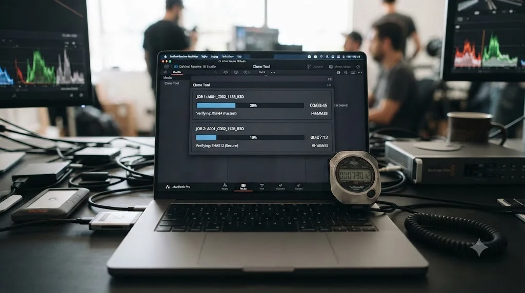 Illustration of a stopwatch beside a DaVinci Resolve Clone Tool progress bar showing backup time by checksum method