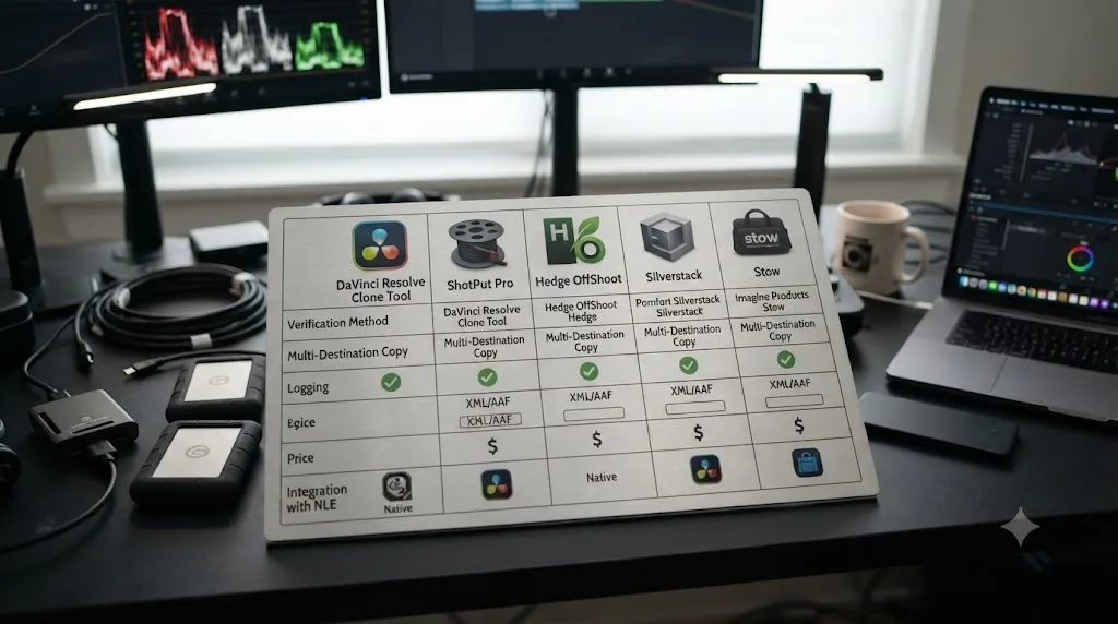 Illustration of a comparison chart showing DaVinci Resolve's Clone Tool alongside ShotPut Pro, Hedge OffShoot, Silverstack, and Stow