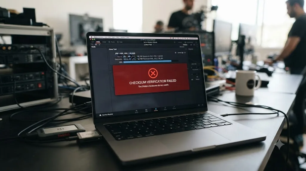 Illustration of a red checksum verification failed warning appearing over a DaVinci Resolve Clone Tool progress bar