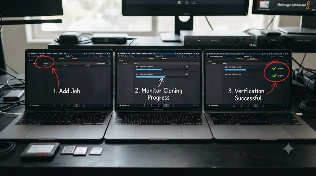 Illustration of a numbered step-by-step DaVinci Resolve Clone Tool session ending in two green Complete icons