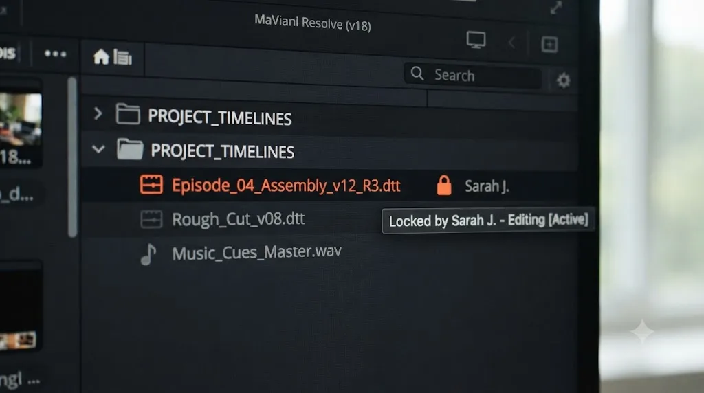 Illustration of a DaVinci Resolve collaboration lock badge next to a timeline showing the name of the collaborator who owns it