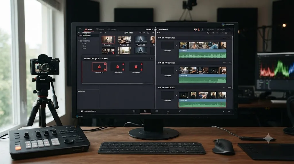 Illustration comparing three DaVinci Resolve timelines locked together in one shared bin against three timelines unlocked in separate bins