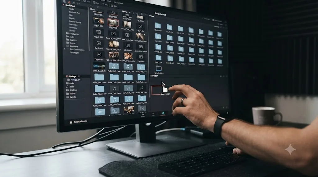 Illustration of a timeline being dragged out of a crowded DaVinci Resolve bin into its own newly created bin