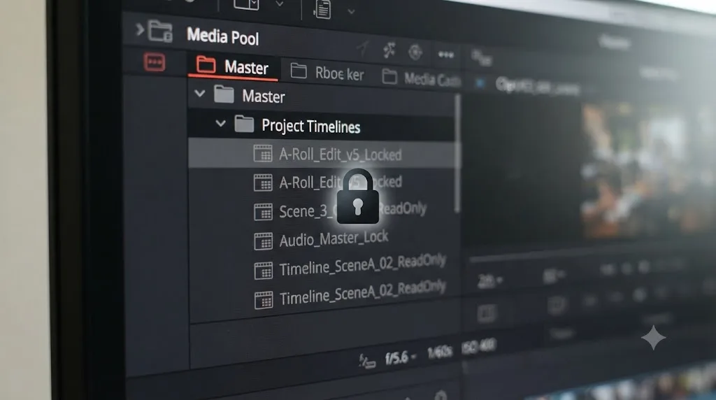 Illustration of a padlock icon over a DaVinci Resolve Media Pool bin containing several grayed-out, read-only timelines
