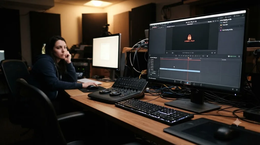 Illustration of a DaVinci Resolve workstation left open on a locked bin while a colleague at another desk waits to access it