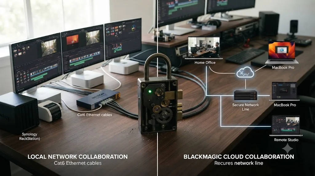 Illustration comparing DaVinci Resolve local network collaboration and Blackmagic Cloud collaboration both using the same underlying lock system