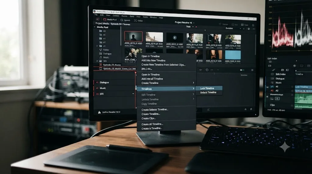 Illustration of a DaVinci Resolve Media Pool contextual menu showing the Lock Timeline and Unlock Timeline options