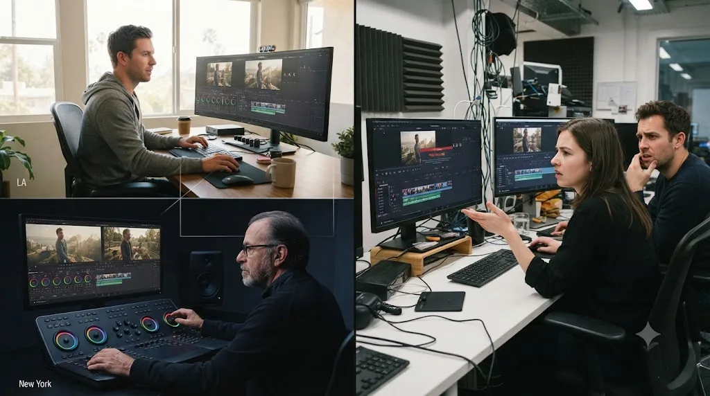 Illustration contrasting a smooth remote editor-colorist collaboration in DaVinci Resolve with two local editors locked out of each other's timelines