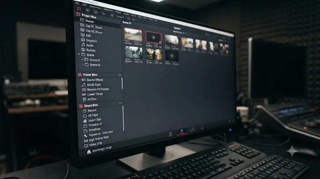 Illustration of a DaVinci Resolve Media Pool Bin list showing separate regular Bins, Power Bins, and Smart Bins sections