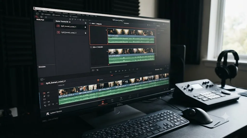 Illustration of a worked example showing two DaVinci Resolve timelines separated into individual bins to resolve a collaboration lock