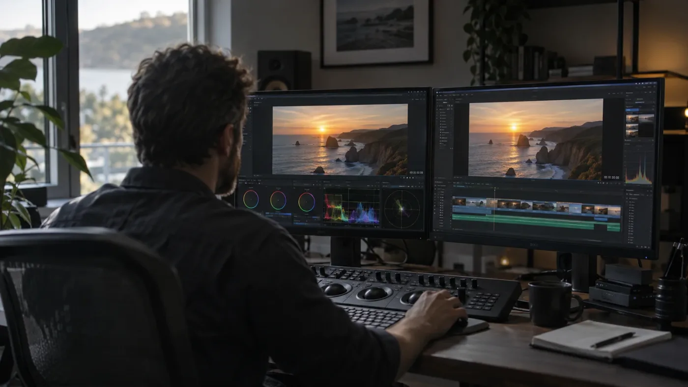 Illustration of comparing the same timeline frame in Color and Edit viewers