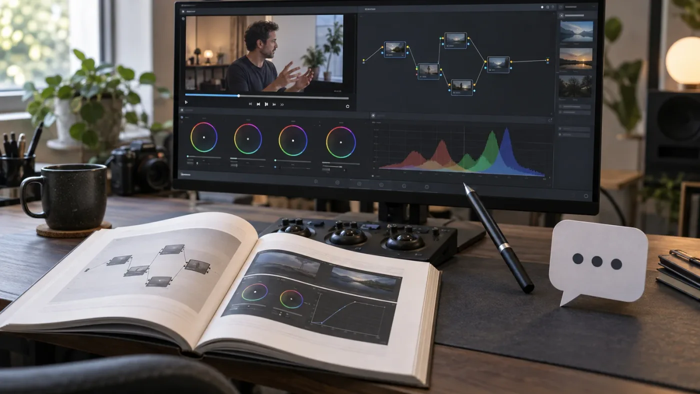Illustration of different ways to learn DaVinci Resolve while fixing a missing node graph