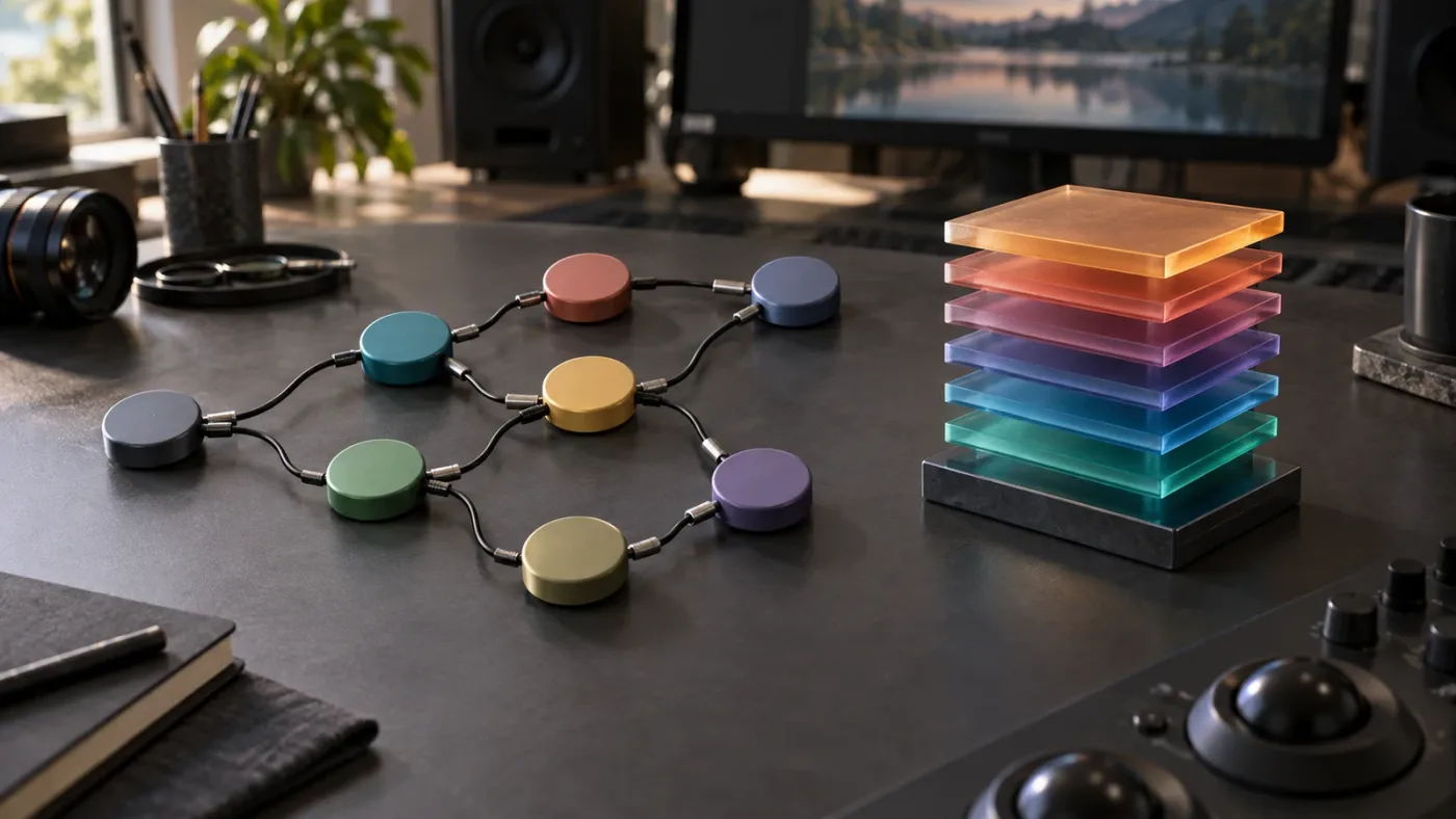 Illustration of DaVinci Resolve node view compared with Layer List view