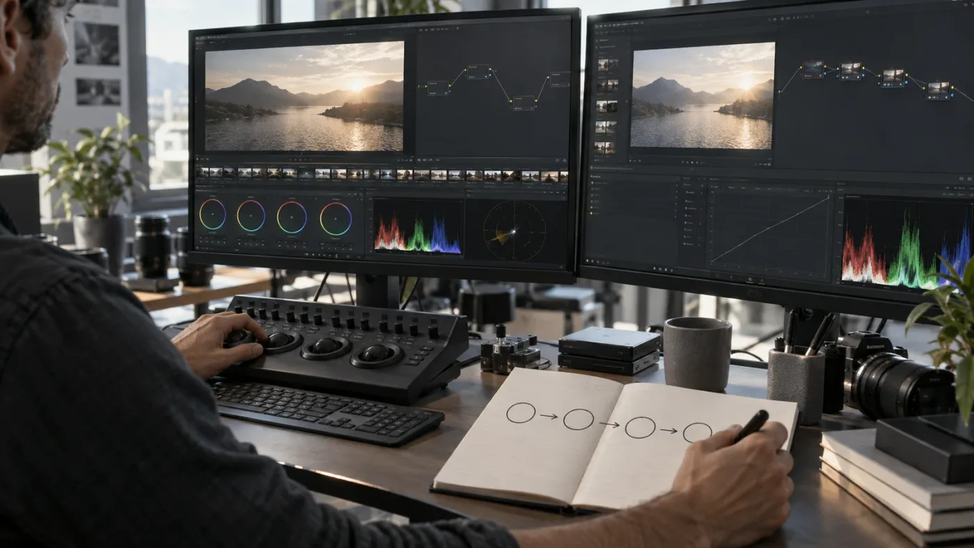 Illustration of the numbered steps to restore a DaVinci Resolve node graph