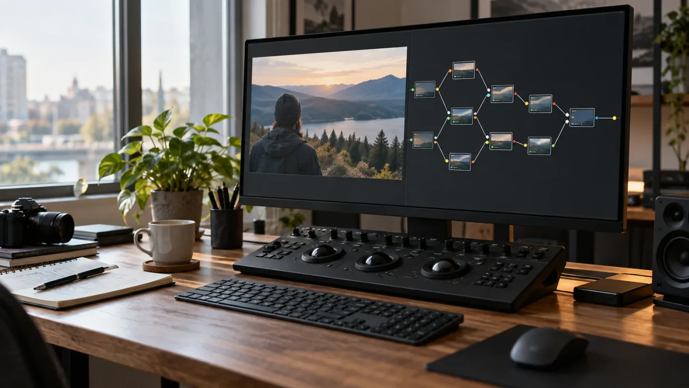 Illustration of a restored DaVinci Resolve Color page node graph ready for grading