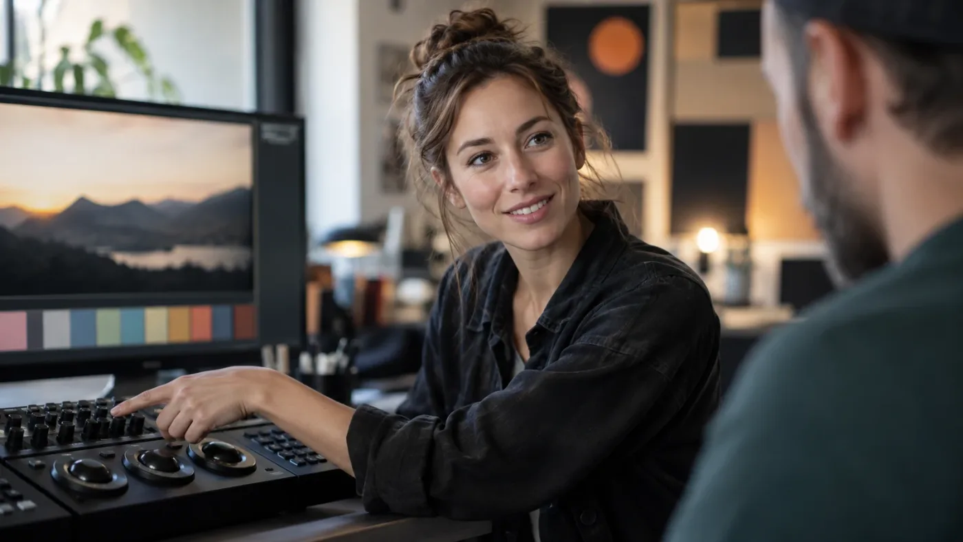 Illustration of an on-screen assistant pointing toward a DaVinci Resolve Color page control
