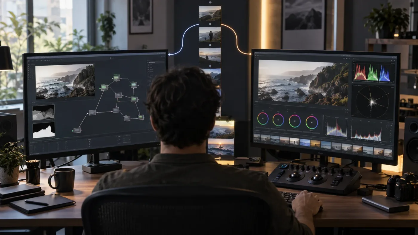 Illustration of DaVinci Resolve node graph troubleshooting branches for layouts and pages
