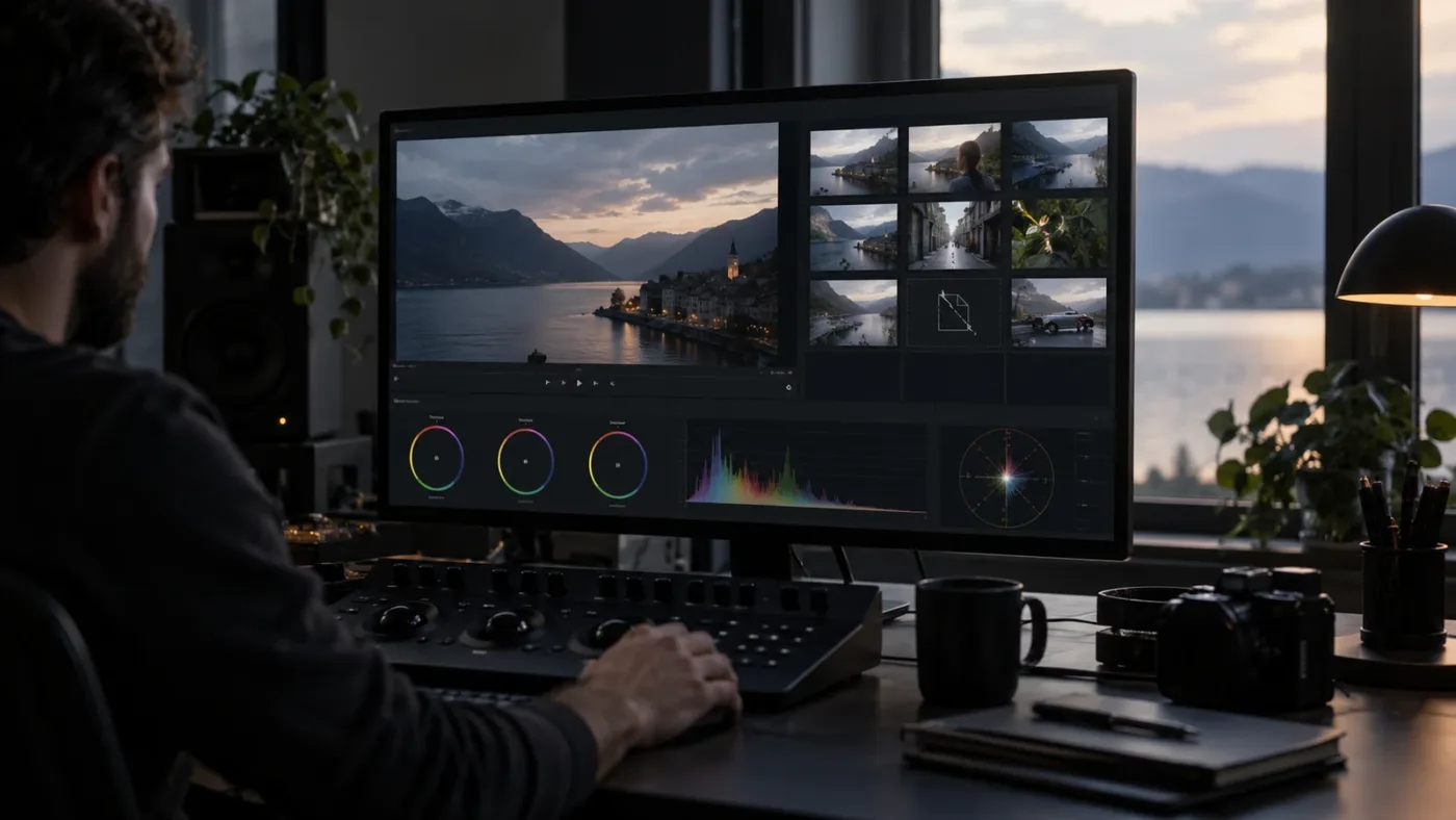 Illustration of a colorist restoring a missing stills gallery beside a video timeline