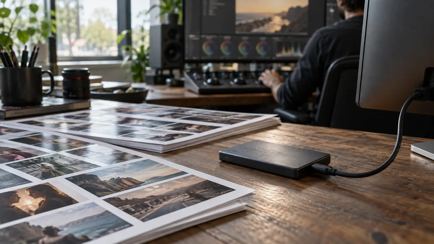Illustration of an external drive reconnecting to a DaVinci Resolve Gallery stills folder