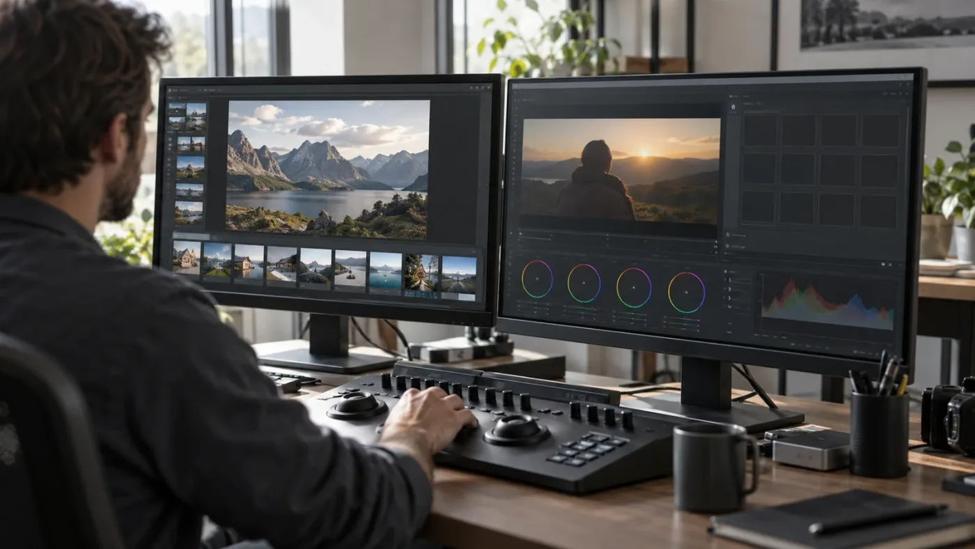 Illustration of the DaVinci Resolve Photo page beside the separate Color page Gallery