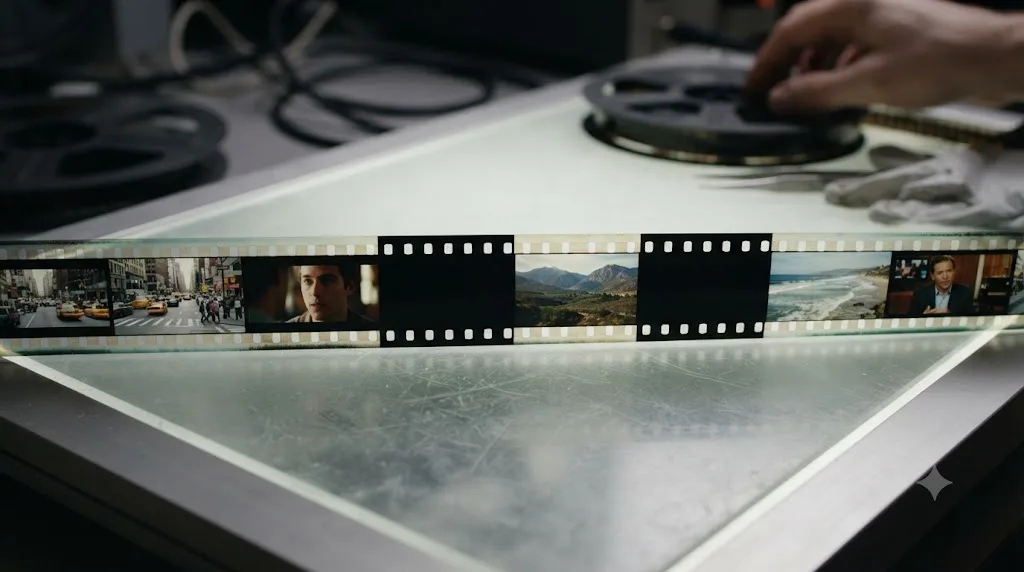 Illustration of a DaVinci Resolve filmstrip with most clips showing thumbnails and two showing black rectangles