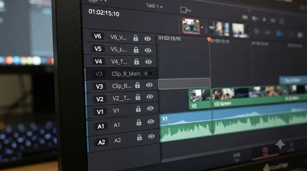 Illustration of a DaVinci Resolve track header with one track's visibility icon disabled
