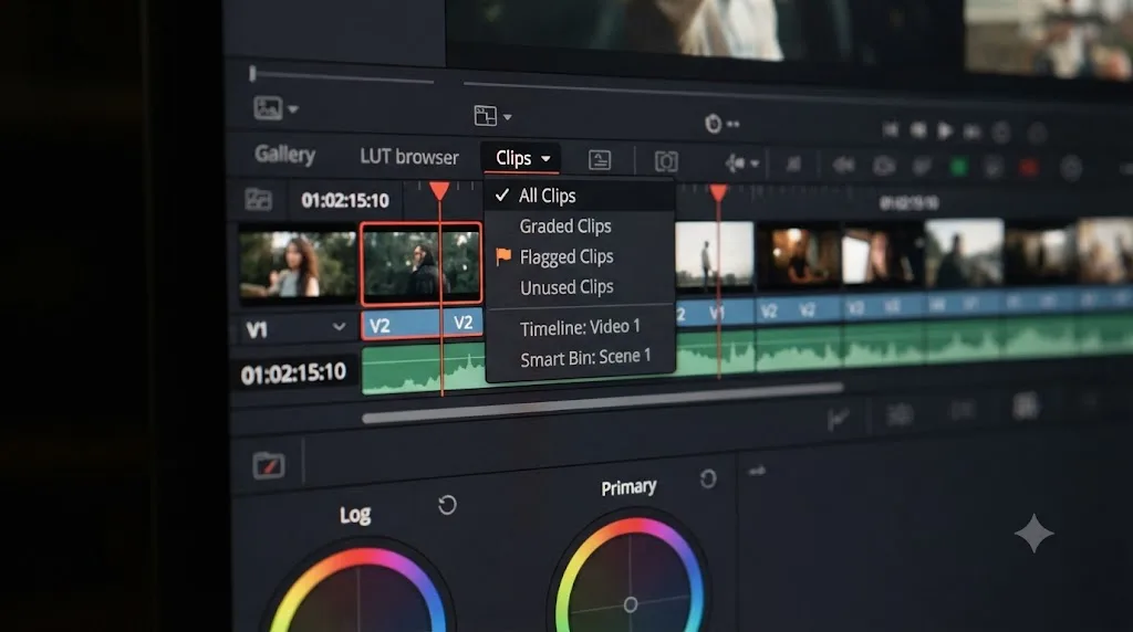 Illustration of the Color page Clips filter dropdown showing All Clips and Graded Clips options
