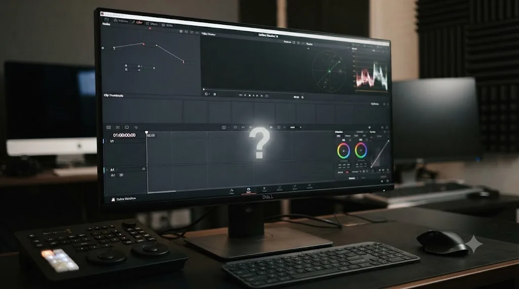 Illustration of an empty DaVinci Resolve Color page timeline with a question mark hovering over it