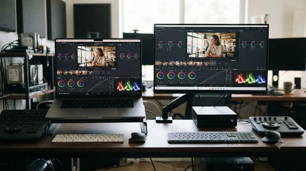 Illustration of a Mac and a Windows computer showing the same DaVinci Resolve Color page interface