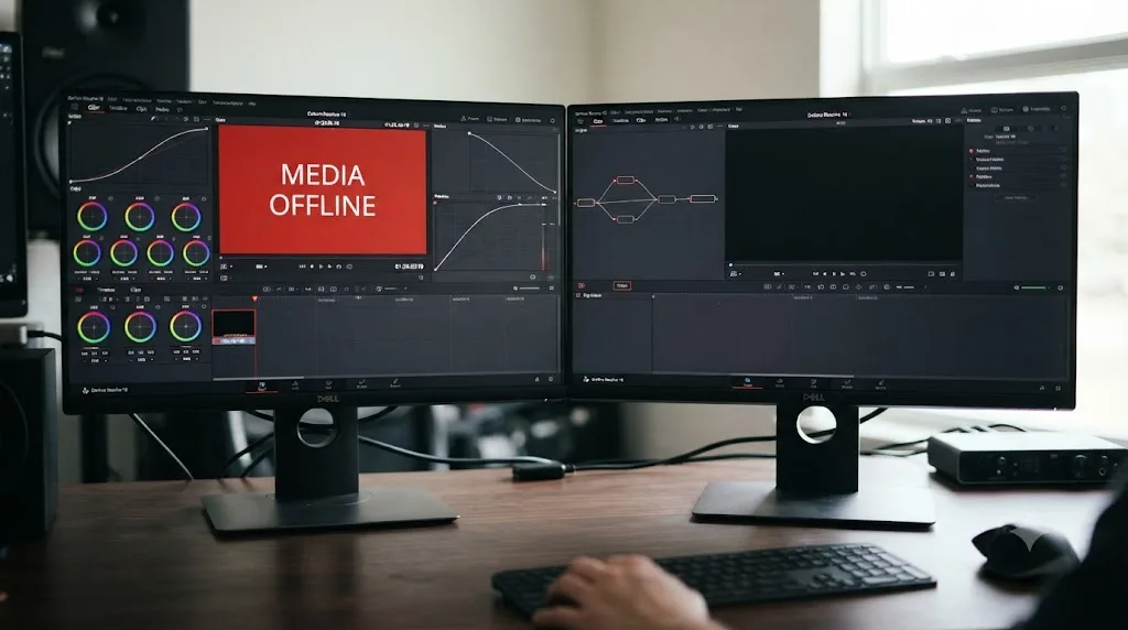 Illustration comparing a clip with a Media Offline warning slate against a completely empty timeline