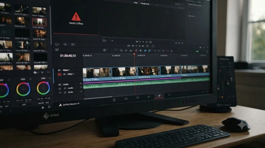 Illustration of a DaVinci Resolve timeline with a purple line marking clips whose original media is missing