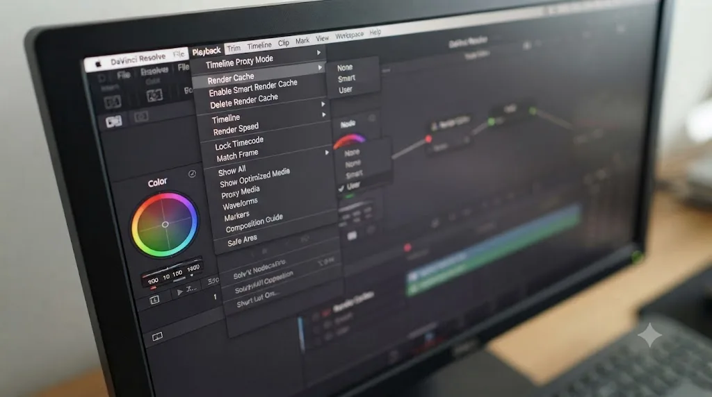 Illustration of the DaVinci Resolve Render Cache dropdown with None, Smart, and User options
