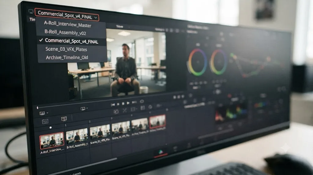 Illustration of the DaVinci Resolve Timelines dropdown listing multiple timelines with one marked active