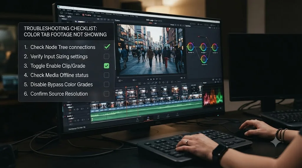 Illustration of a troubleshooting checklist overlaid on a DaVinci Resolve Color page with clips now visible