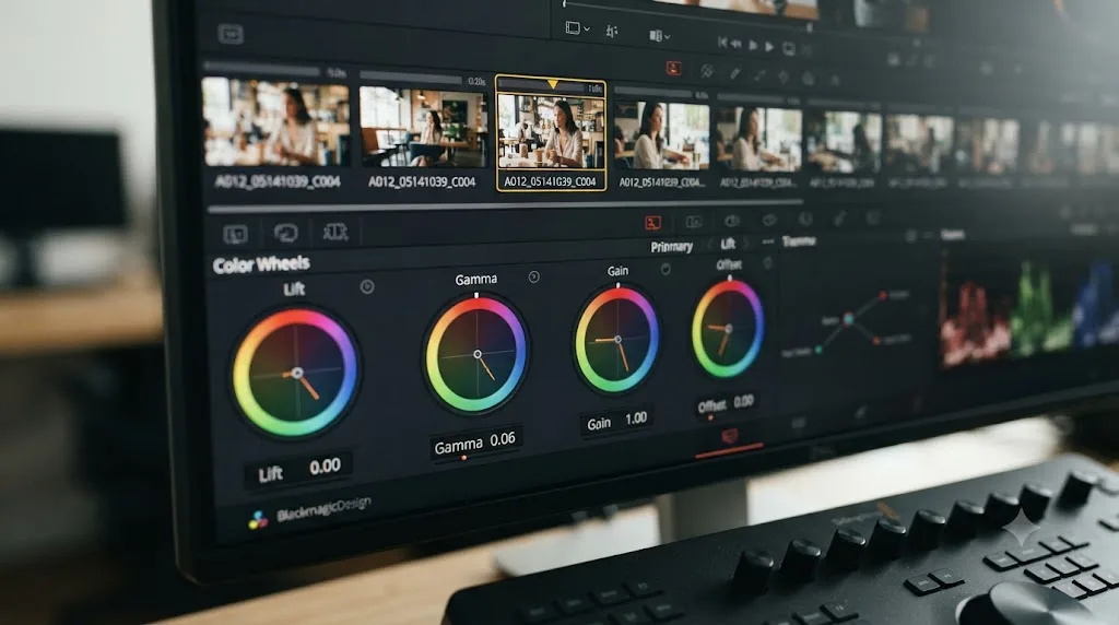 Illustration comparing DaVinci Resolve's Wheels, Bars, and Log color correction modes side by side