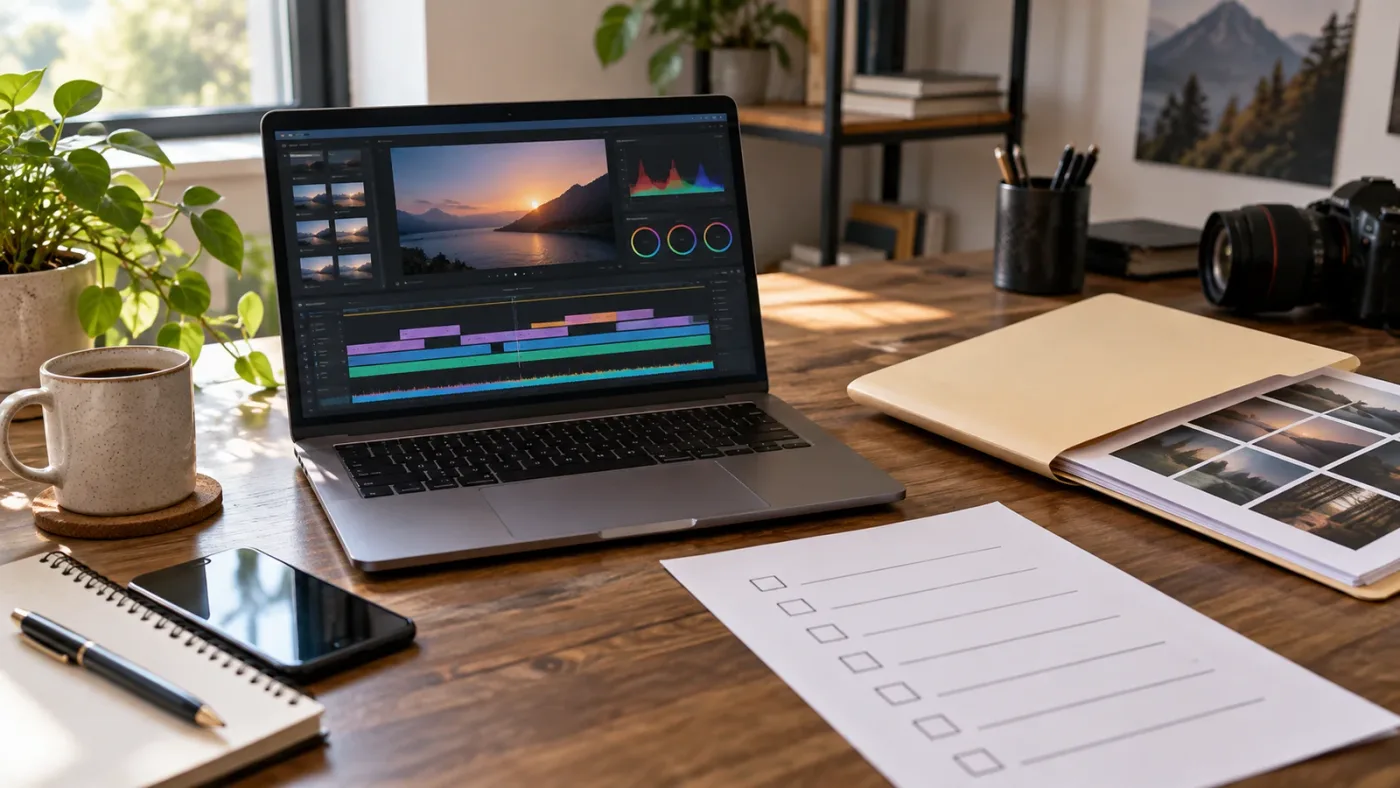 Illustration of a buyer checklist for a DaVinci Resolve course with project files