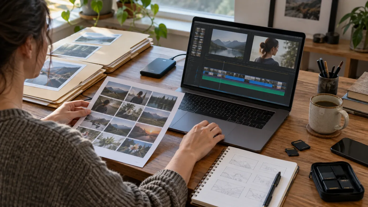 Illustration of a learner comparing DaVinci Resolve course project files