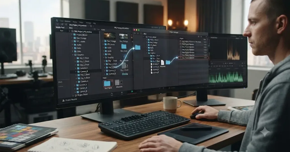 Illustration of a DaVinci Resolve timeline freezing mid-drag as a transition icon hovers over an edit point between two clips