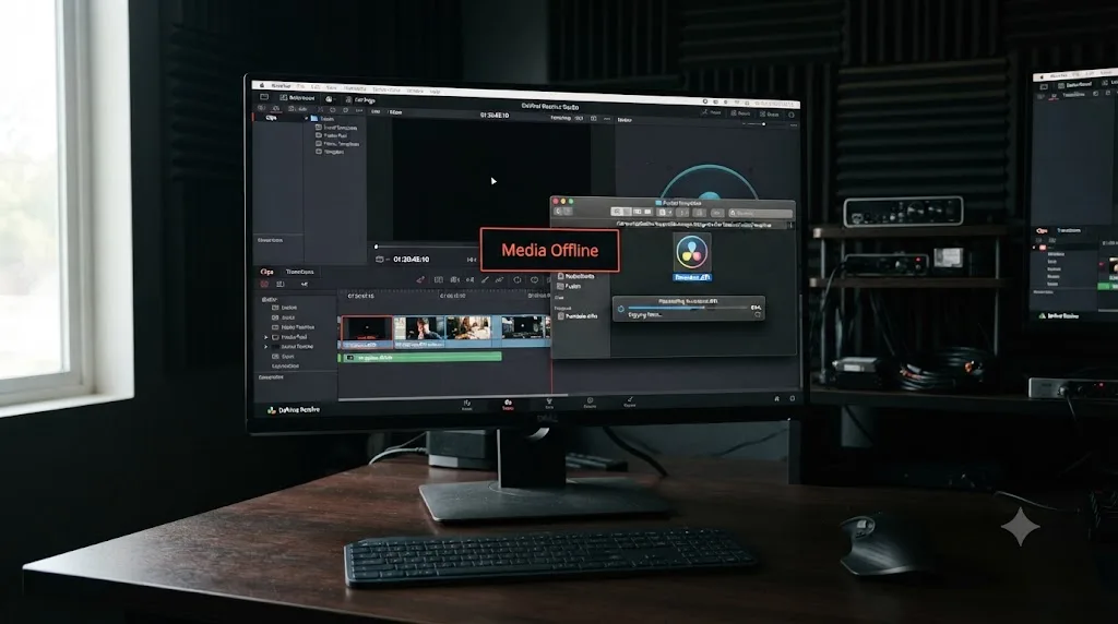 Illustration of a DaVinci Resolve Media Offline warning overlapping a Fusion Templates folder with a Templates.drfx file being reinstalled