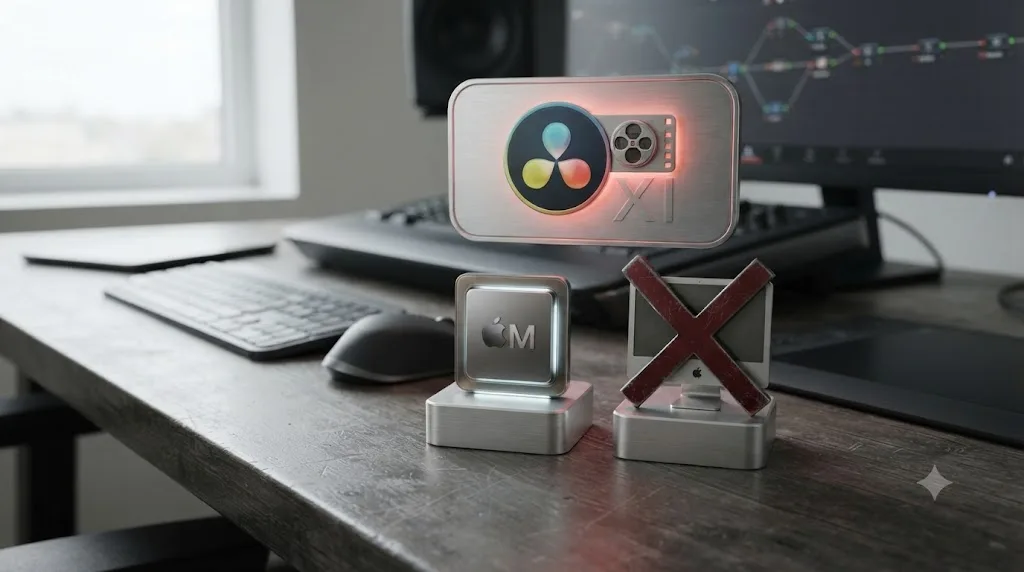 Illustration of an Apple Silicon chip icon next to a crossed out Intel Mac icon beneath a DaVinci Resolve 21 version badge