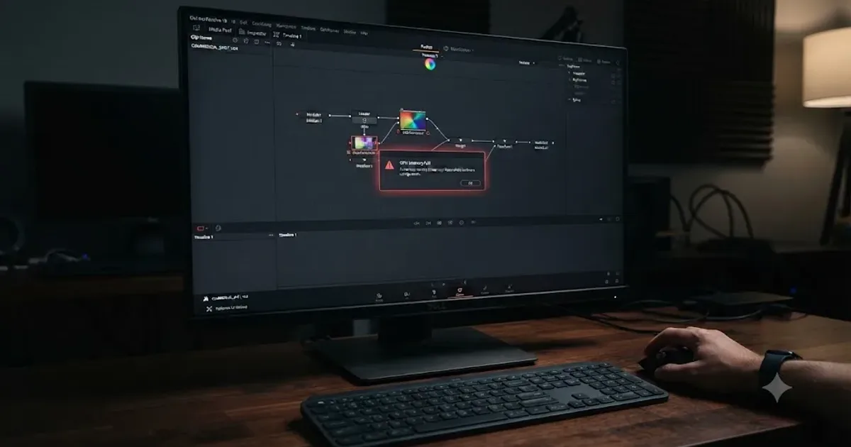 Illustration of a DaVinci Resolve interface freezing the instant the Fusion page tab is clicked, with a GPU memory warning icon overlapping the node workspace