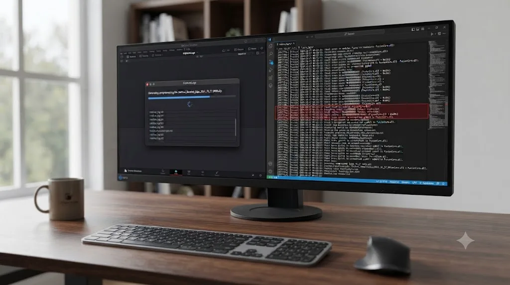 Illustration of the DaVinci Resolve CaptureLogs tool generating a log file next to a text editor showing a Fusion related crash entry