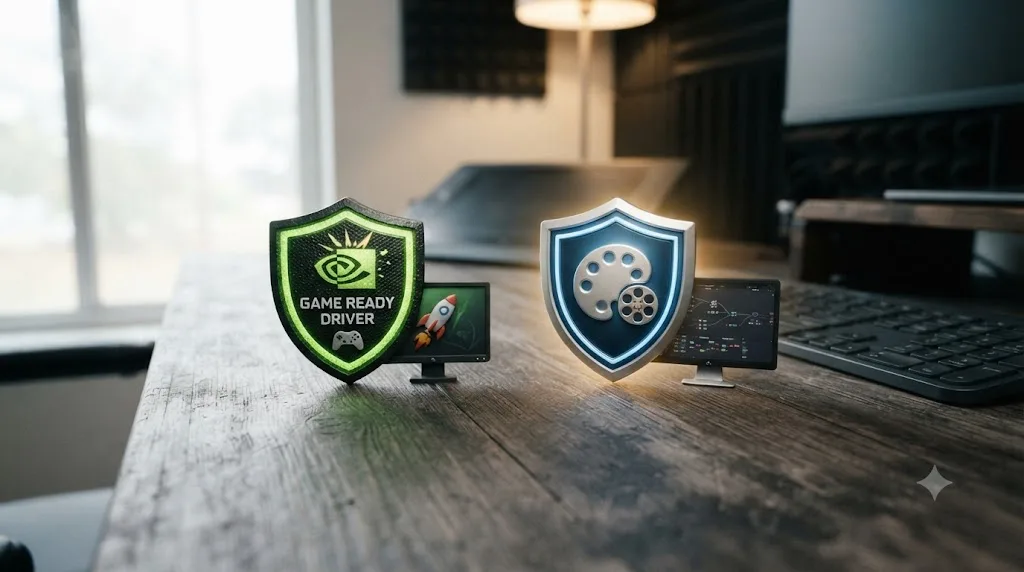 Illustration comparing an NVIDIA Game Ready Driver icon and a Studio Driver icon, with Studio Driver marked as the stable choice for Fusion