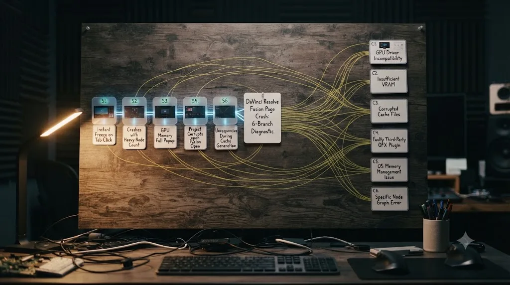 Illustration of a diagnostic flowchart connecting DaVinci Resolve Fusion page crash symptoms to their underlying causes