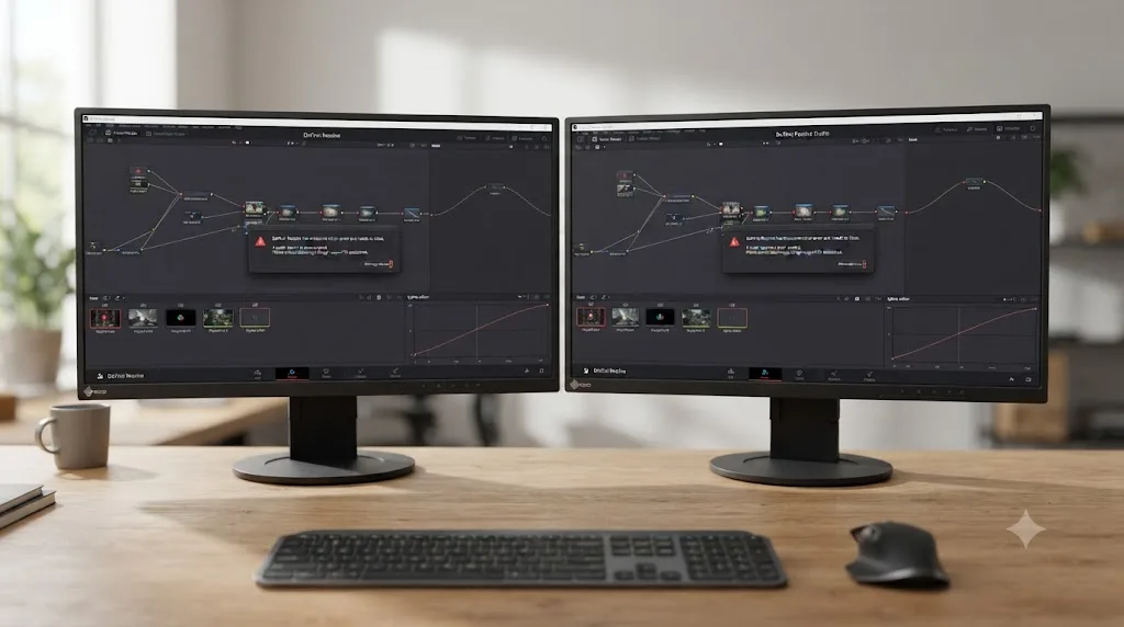 Illustration comparing the free DaVinci Resolve edition and DaVinci Resolve Studio both showing an identical Fusion page crash warning