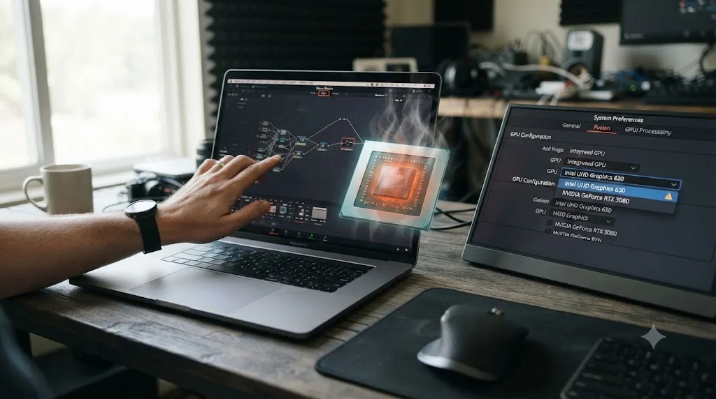 Illustration of a laptop with an integrated GPU icon overheating as a Fusion tab is clicked, next to a Preferences panel showing the wrong GPU selected