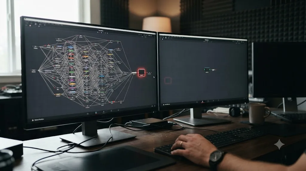 Illustration of a bloated Fusion node tree with an orphaned node highlighted, being copied into a fresh empty composition