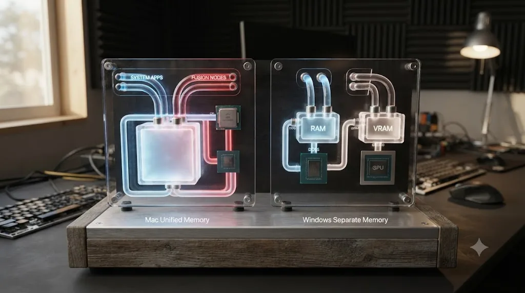 Illustration comparing a Mac unified memory pool shared between apps and Fusion nodes against a Windows machine's separate RAM and VRAM pools