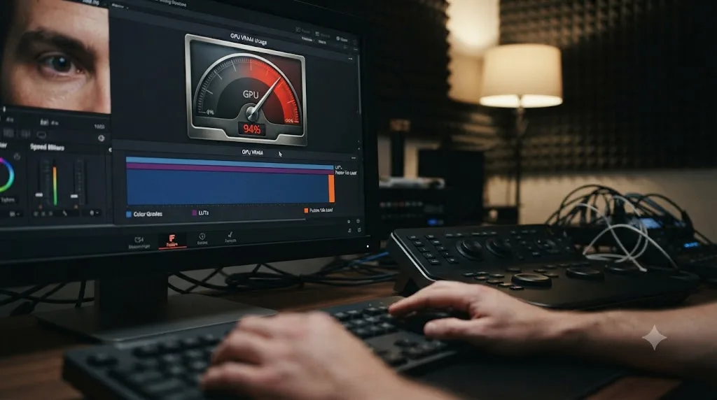 Illustration of a GPU memory meter climbing into the red as a Fusion tab is clicked while color grades and LUTs already occupy most of the VRAM pool